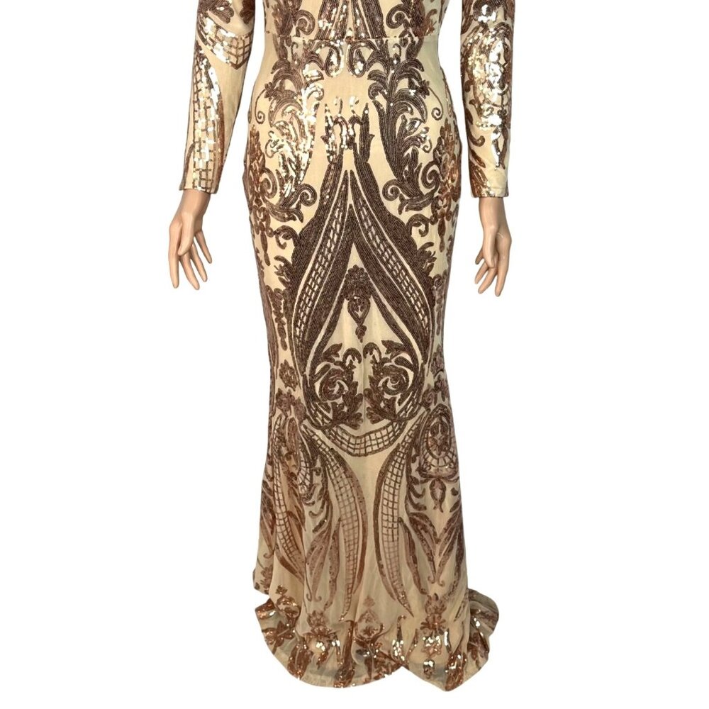 Miss Ord Gold Sequin Formal Gown Off-Shoulder Long Sleeves & Train Bodycon Small - Picture 5 of 9